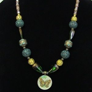 Handmade Butterfly Cabochon and Beads Necklace
